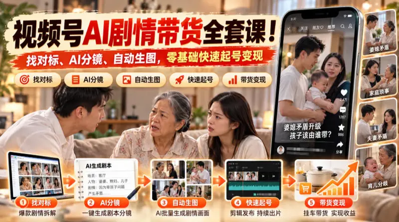 视频号AI剧情带货全套课!找对标、AI分镜、自动生图,零基础快速起号变现 第1张 视频号AI剧情带货全套课!找对标、AI分镜、自动生图,零基础快速起号变现 第1张