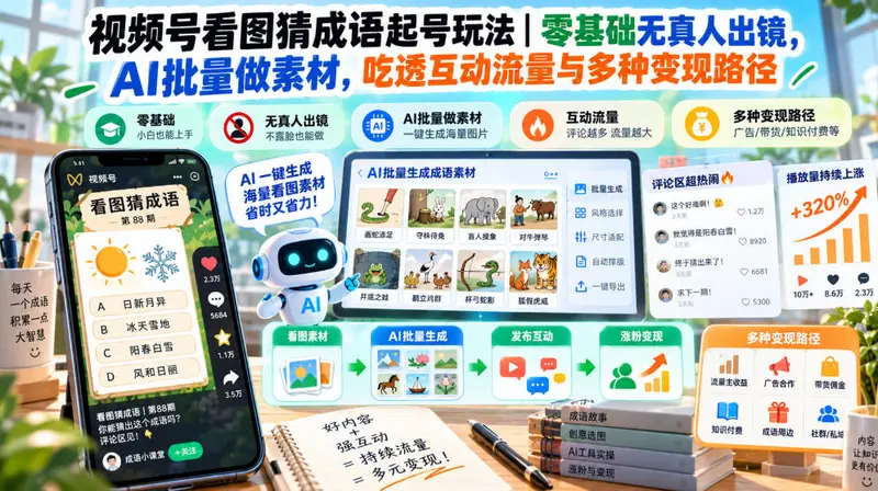 视频号看图猜成语起号玩法｜零基础无真人出镜，AI批量做素材