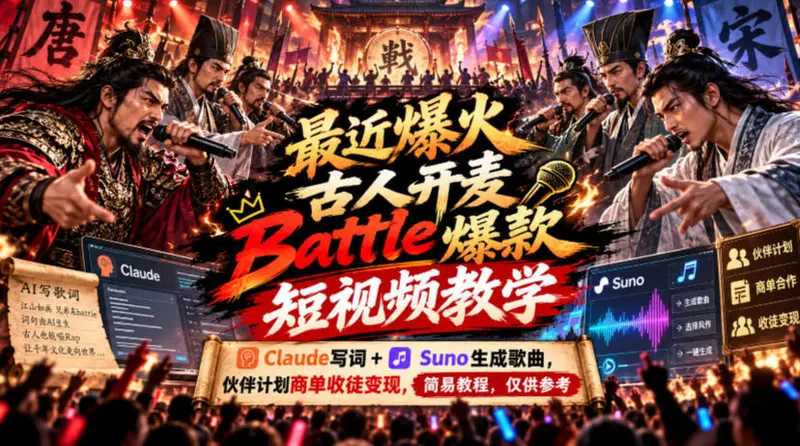 最近爆火古人开麦Battle爆款短视频教学，Claude写词+Suno生成歌曲