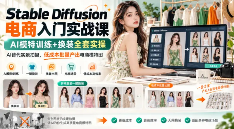 Stable Diffusion电商入门实战课,AI模特训练+换装全套实操 第1张 Stable Diffusion电商入门实战课,AI模特训练+换装全套实操 第1张