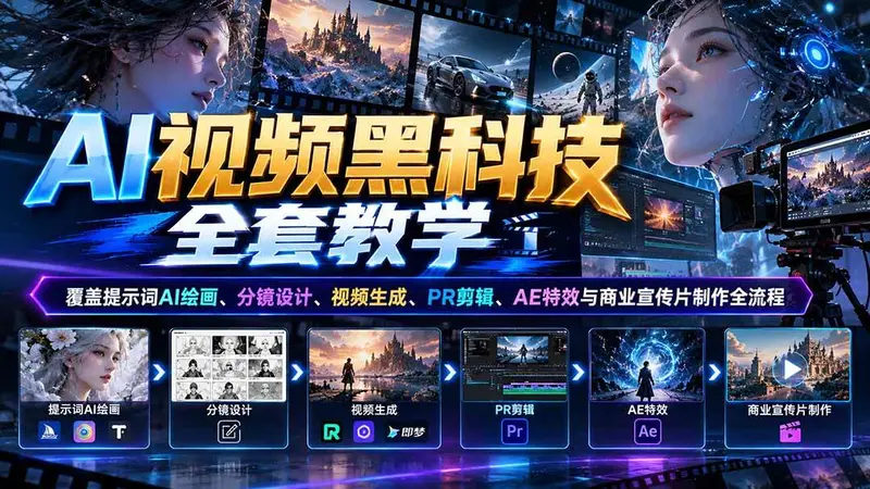 AI视频黑科技全套教学:覆盖提示词AI绘画、分镜设计、视频生成、PR剪辑、AE特效与商业宣传片制作全流程 第1张 AI视频黑科技全套教学:覆盖提示词AI绘画、分镜设计、视频生成、PR剪辑、AE特效与商业宣传片制作全流程 第1张