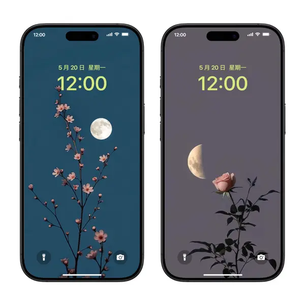 简约风蓝调花枝月夜治愈系4K高清全面屏壁纸 第3张