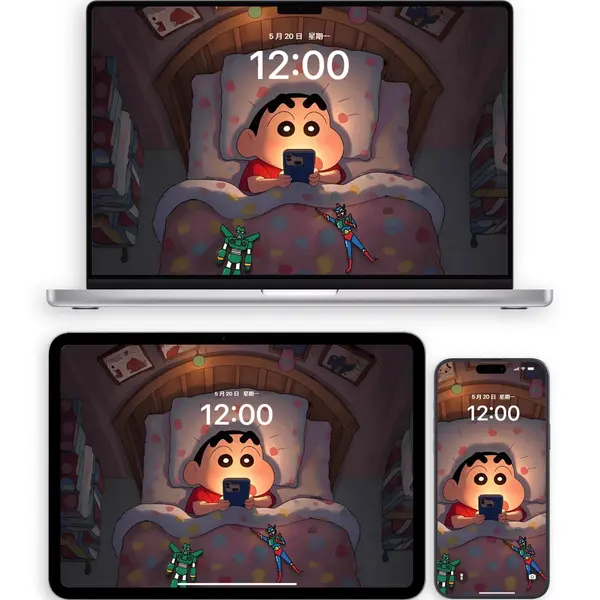 3套蜡笔小新被窝里看手机照手电4K高清壁纸图片 第3张