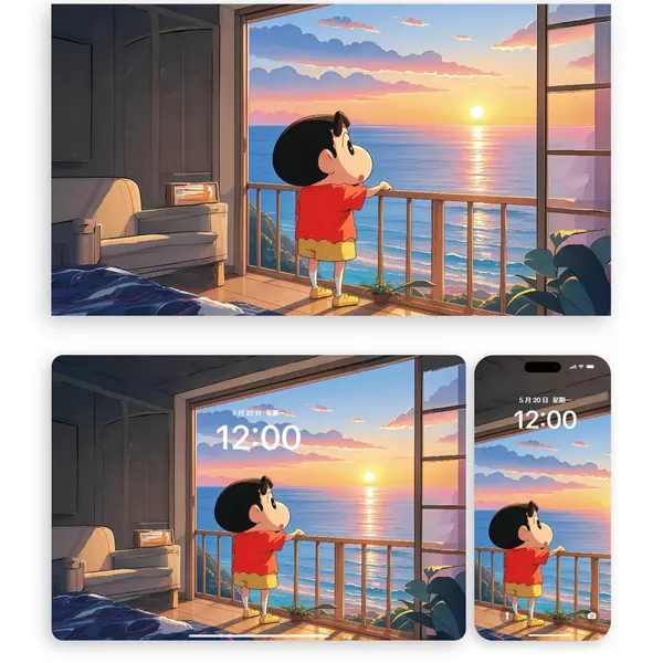 3套蜡笔小新被窝里看手机照手电4K高清壁纸图片 第4张