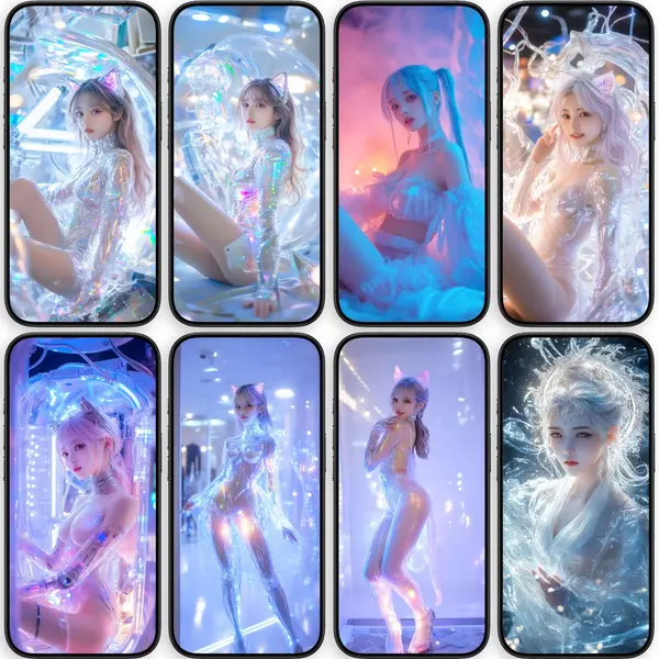 未来科技感发光美少女猫耳女郎4K高清透明手机壁纸