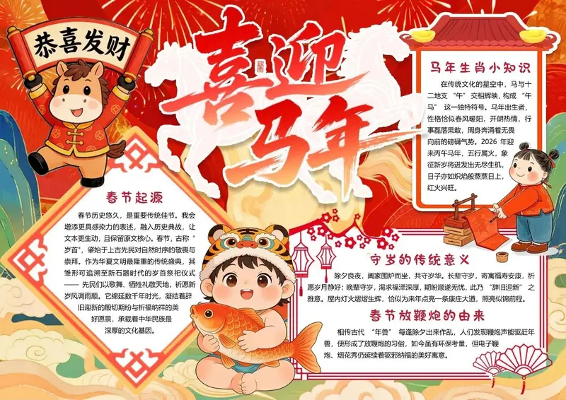 65张马年春节习俗手抄报模板，高清可打印！ 第3张