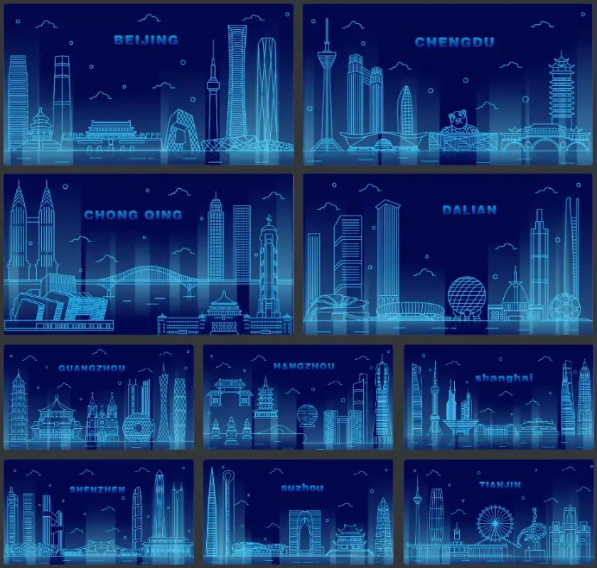 各大城市地标建筑线条插画ai素材图片下载