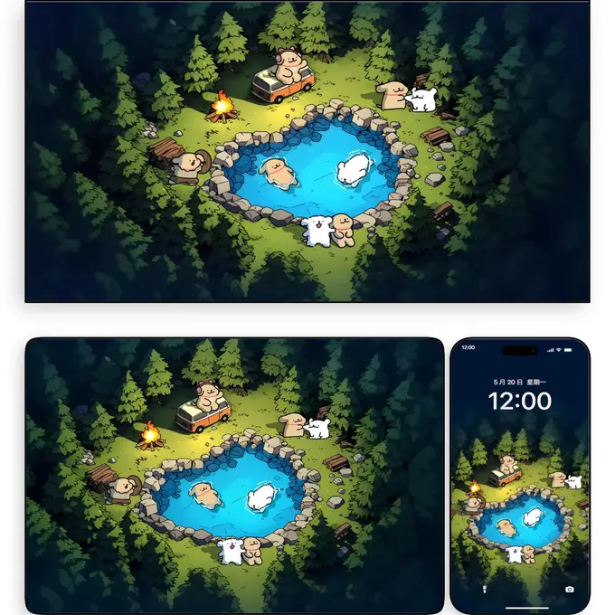 篝火野营线条小狗 卡通动漫壁纸（电脑平板iPad手机）4K超清图片