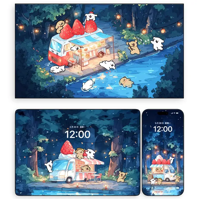 线条小狗草莓车 卡通动漫壁纸 电脑平板iPad手机壁纸 4K超清图片