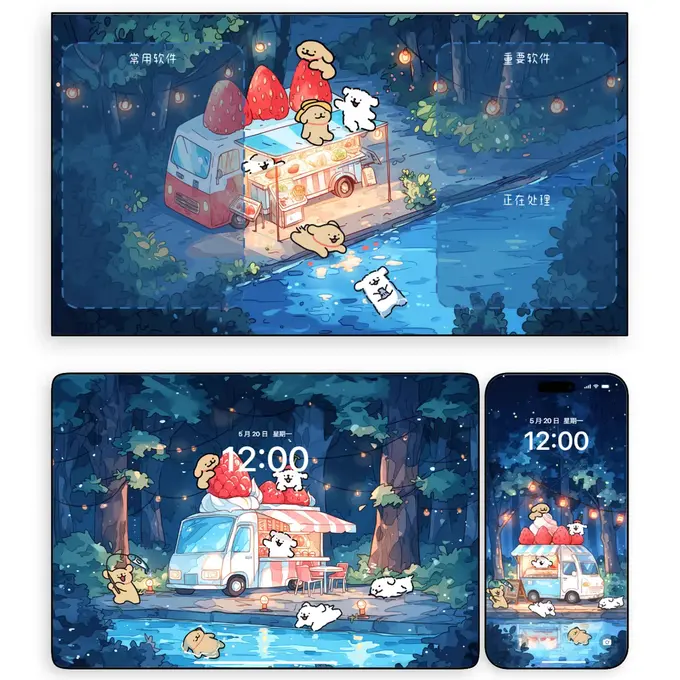 线条小狗草莓车 卡通动漫壁纸 电脑平板iPad手机壁纸 4K超清图片 第3张