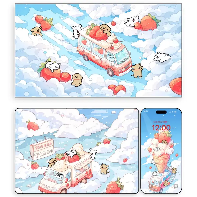 冰淇淋飞车线条小狗 卡通动漫壁纸（电脑平板iPad手机)4K超清图片