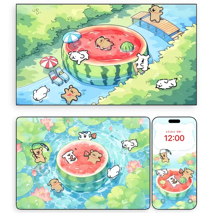 夏日西瓜线条小狗 卡通动漫壁纸（电脑平板iPad手机）4K超清图片 第2张