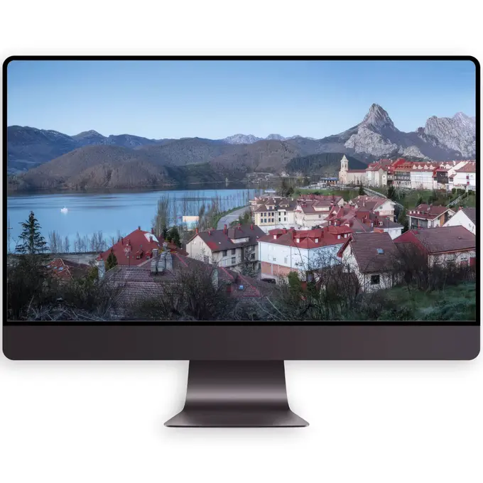 红顶镇卧湖畔,远峰刺破天青(电脑手机平板ipad4K高清壁纸) 第4张