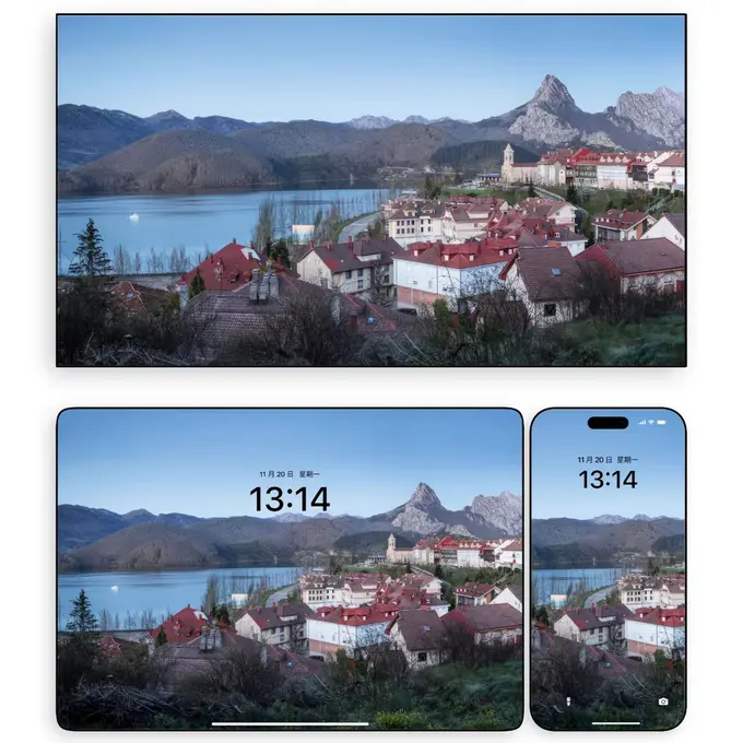 红顶镇卧湖畔,远峰刺破天青(电脑手机平板ipad4K高清壁纸) 第1张