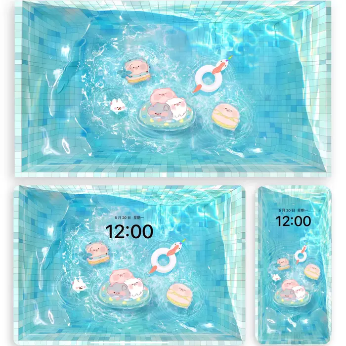 泳池可爱卡通小猪 顶级蓝色护眼屏保4k壁纸 第3张