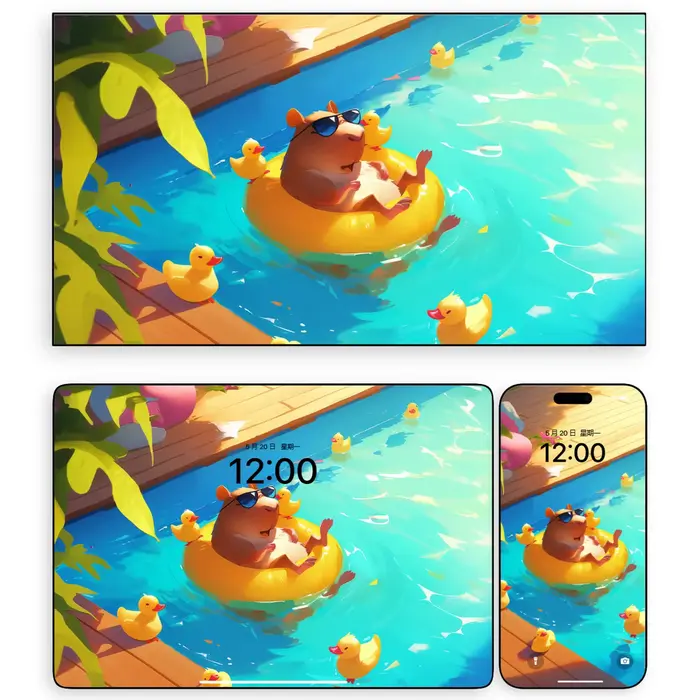 卡皮巴拉泳池午后悠闲治愈瞬间4K高清平板电脑手机ipad壁纸