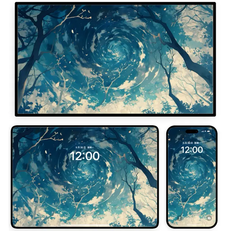 抖音热门蓝调治愈系 森林漩涡云油画文艺4K高壁纸 第5张