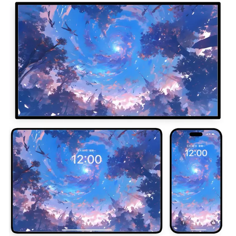 抖音热门蓝调治愈系 森林漩涡云油画文艺4K高壁纸 第4张