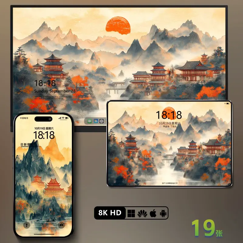 19张中国风水墨画风景壁纸 手机电脑平板8K壁纸