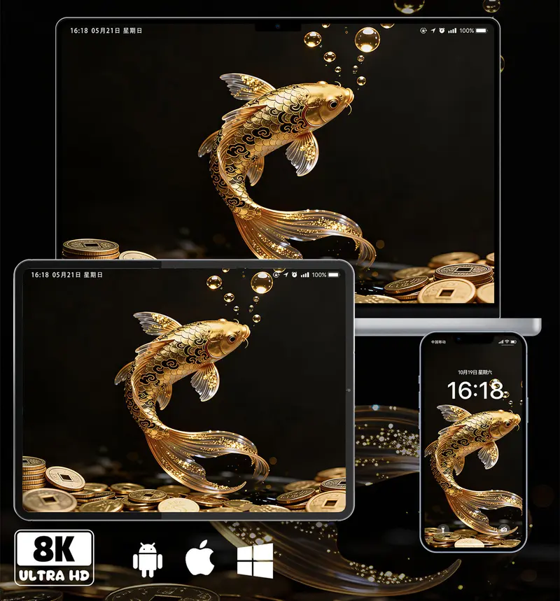 招财金锦鲤黑金8K超清壁纸 手机电脑ipad平板各1张