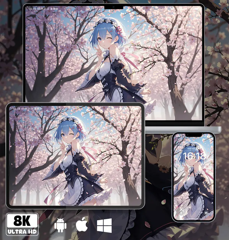 樱花雷姆女仆装春日壁纸 手机电脑ipad平板各1张8K壁纸