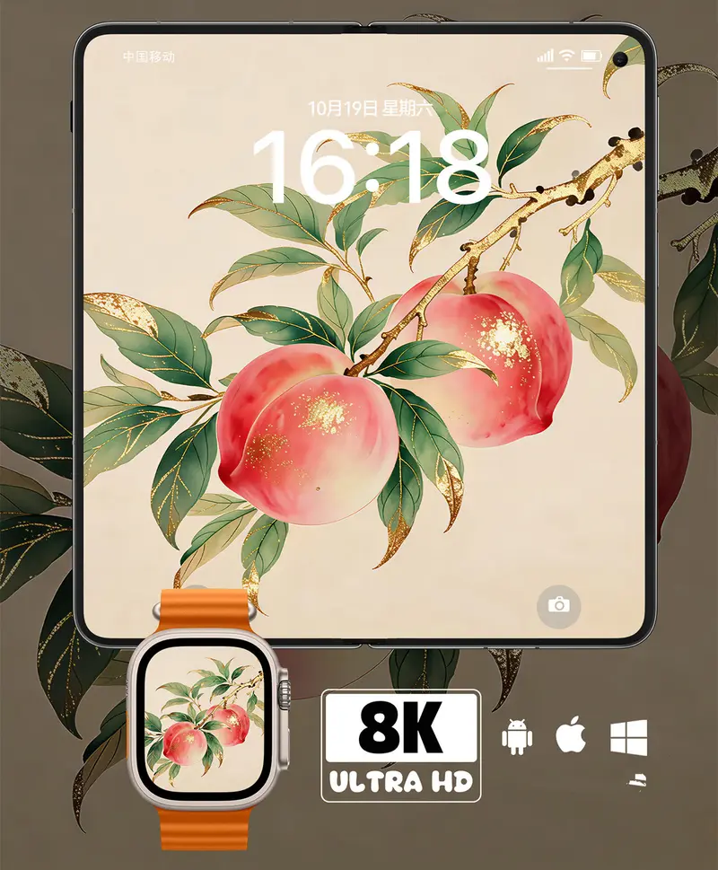 新中式鎏金寿桃国风8K壁纸(手机电脑平板手表各1张) 第3张