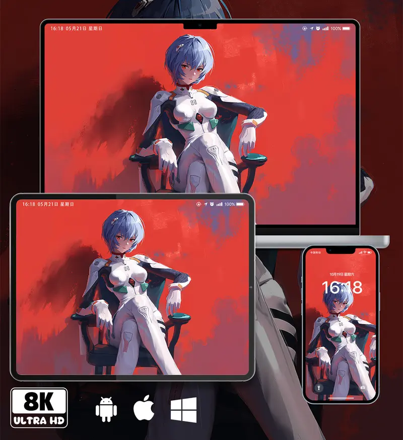EVA 绫波丽红背景战斗服8K壁纸(手机电脑平板手表各1张)