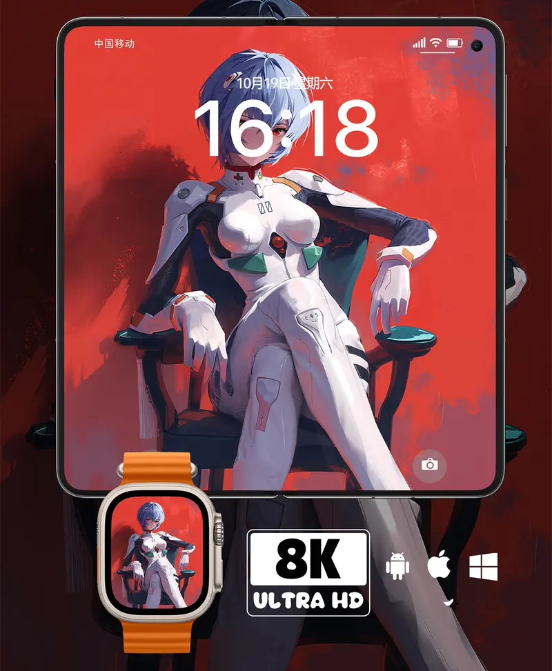 EVA 绫波丽红背景战斗服8K壁纸(手机电脑平板手表各1张) 第3张