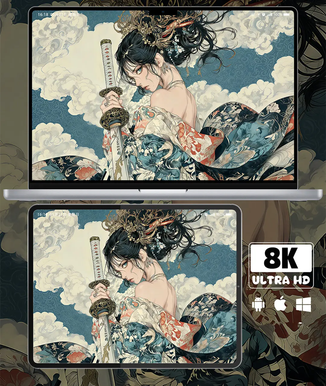 和风武士少女浮世绘二次元美少女8K超清壁纸（共7张图片) 第3张