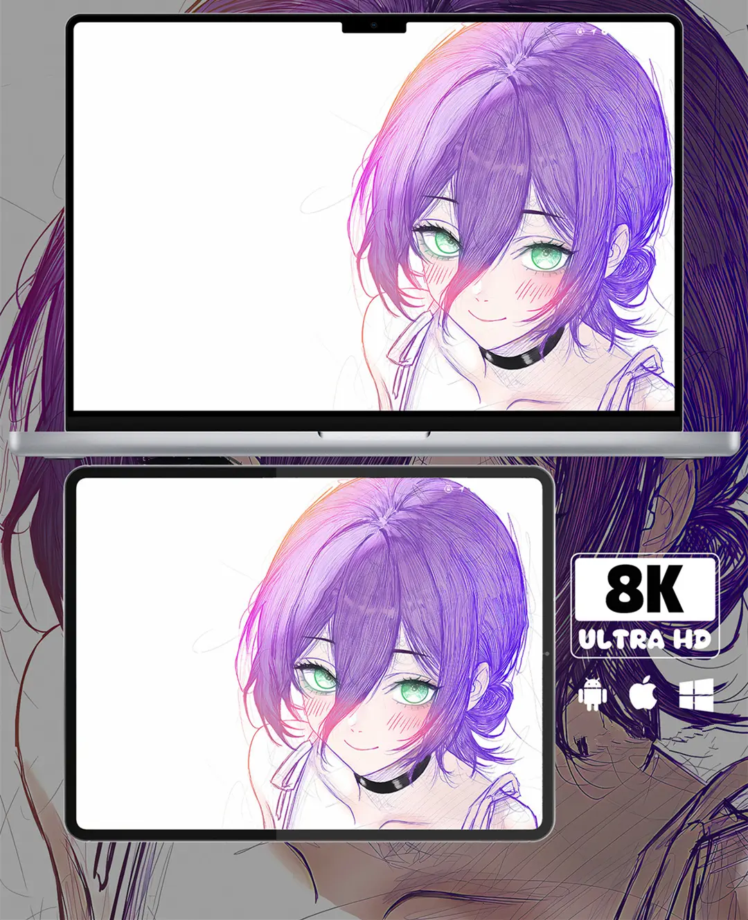 电锯人蕾塞线稿风二次元动漫美少女8K壁纸（共7张图片) 第2张