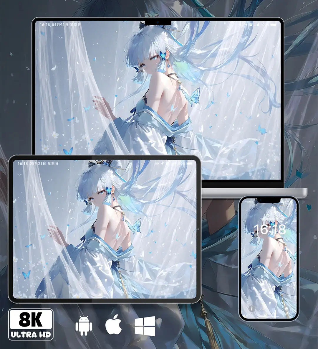原神神里绫华蝴蝶轻纱二次元美少女8K壁纸（共7张图片) 第1张