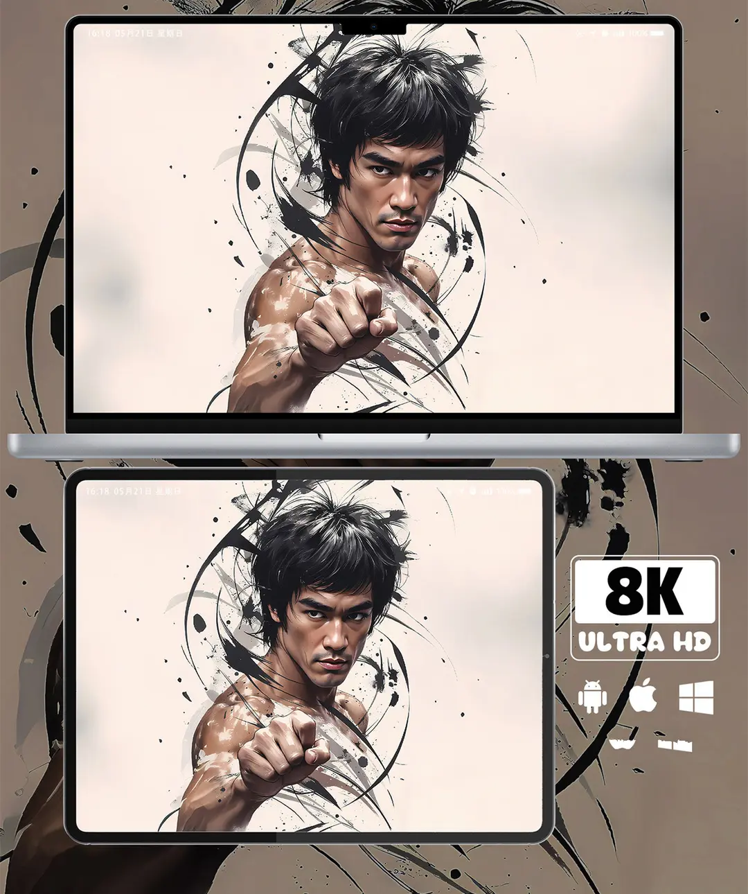 李小龙水墨风功夫插画8K壁纸（共7张图片)