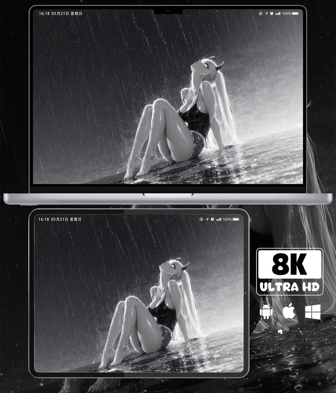 雨中黑白二次元美少女8K壁纸（共7张图片) 第2张