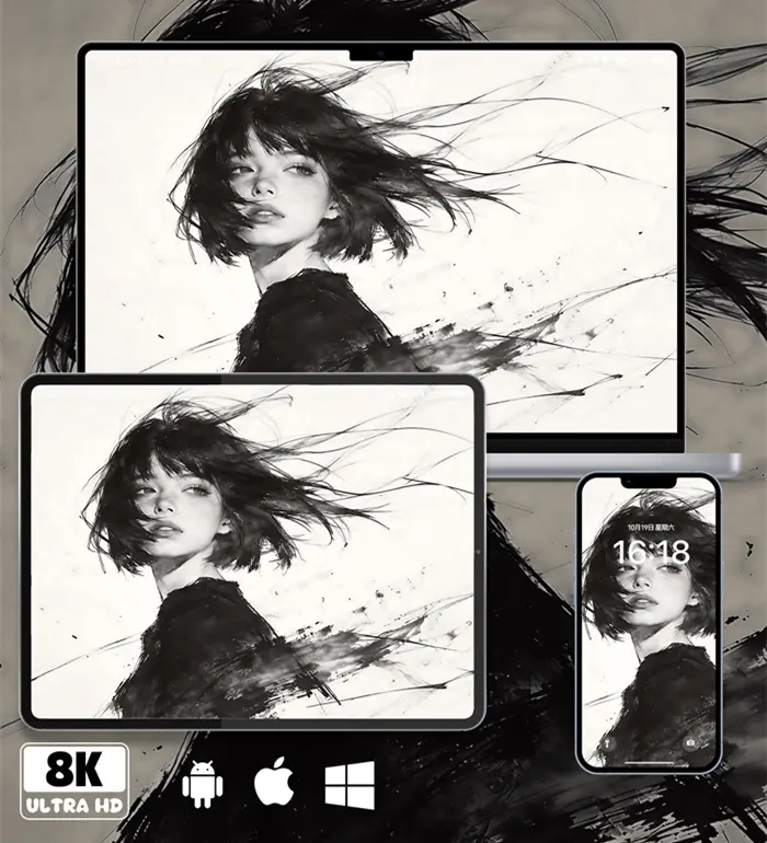 黑白水墨速写短发美少女8K壁纸（共7张图片)