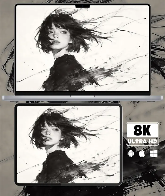 黑白水墨速写短发美少女8K壁纸（共7张图片) 第2张