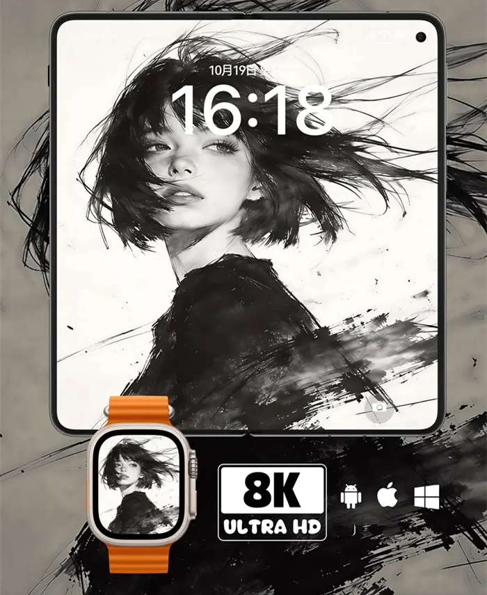 黑白水墨速写短发美少女8K壁纸（共7张图片) 第3张
